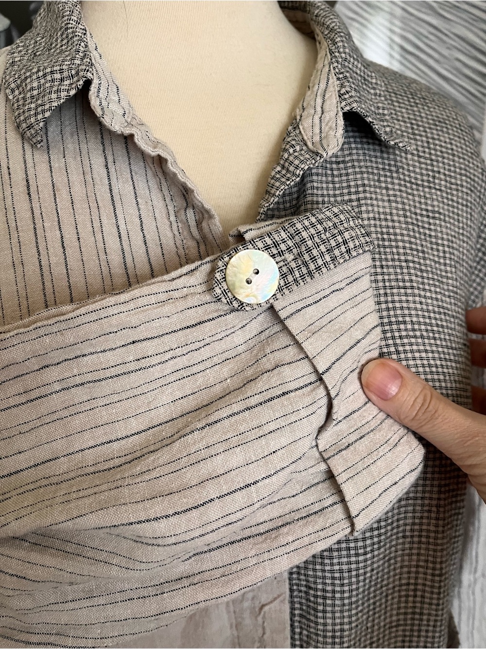 Habitat Cotton/Linen Blend Asymmetrical Patchwork Button-Down Shirt - Picture 7 of 10
